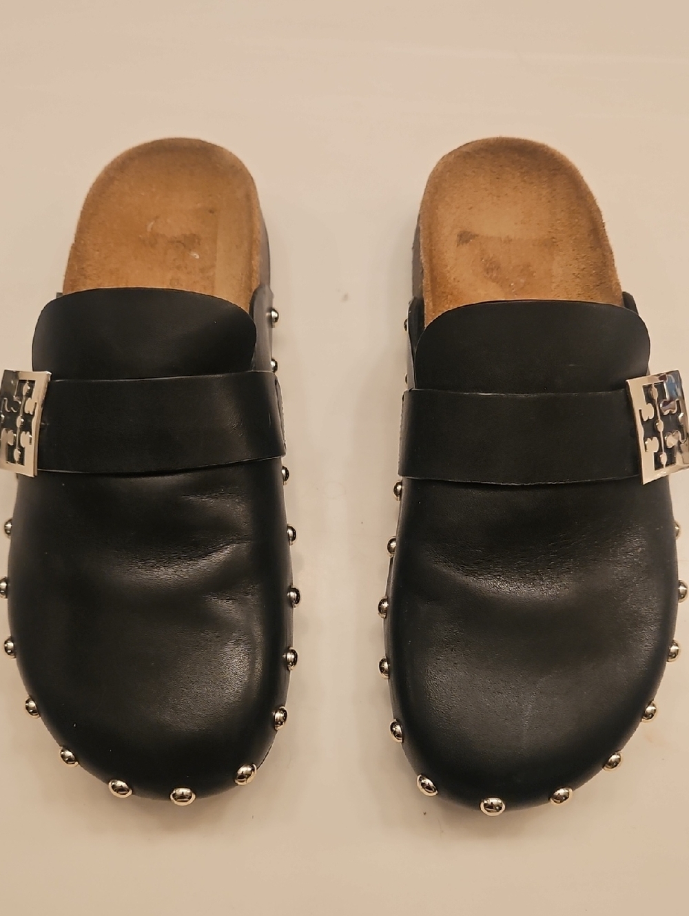 Tory Burch Black Studded Mule Clogs with Silver Buckle